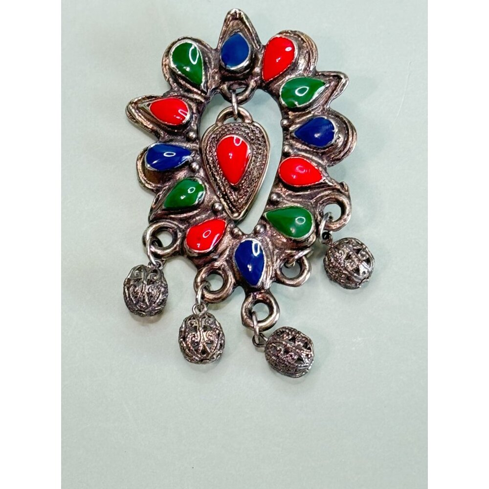 Unsigned Vintage Multicolor Teardrop Brooch With Dangling Charms 3" - Picture 4 of 5
